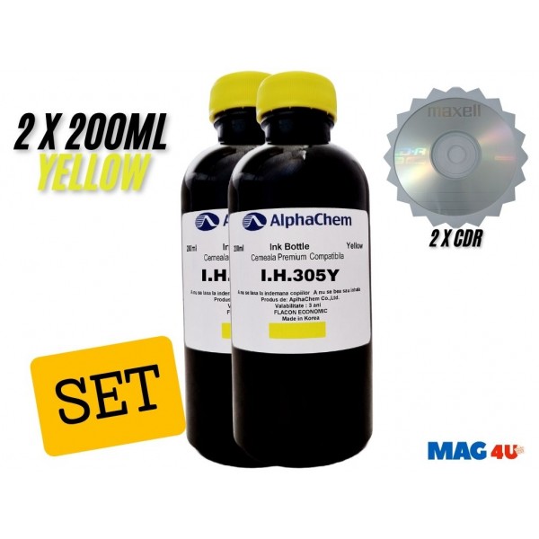 Set Flacon Cerneala AlphaChem Compatibil HP305, 2x200ml 3YM60AE Galben, 2buc Cdr Maxell cu plic
