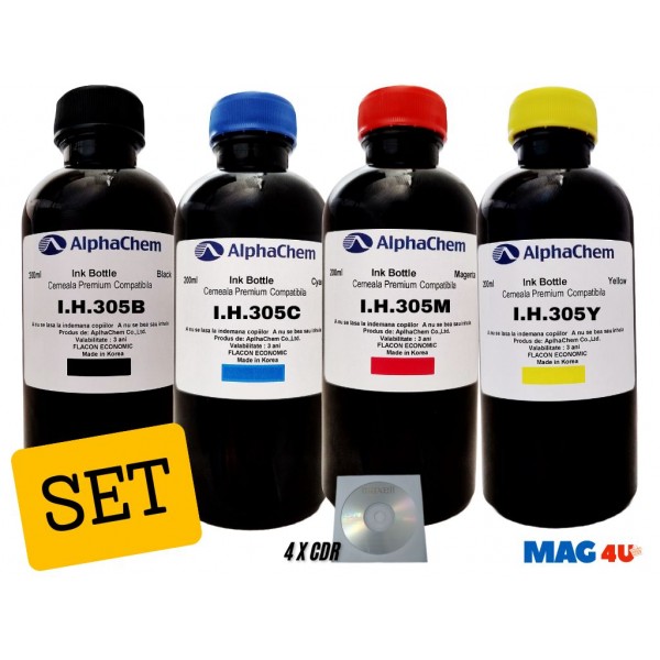 Set Flacon Cerneala AlphaChem Compatibil HP305 1x200ml 3YM61AE Negru + 1x200ml 3YM60AE Cyan + 1x200ml 3YM60AE Magenta + 1x200ml 3YM60AE Galben cu 4x CDR Maxell