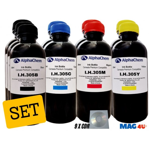 Set Flacon Cerneala AlphaChem Compatibil HP305 3x200ml 3YM61AE Negru + 2x200ml 3YM60AE Cyan + 2x200ml 3YM60AE Magenta + 2x200ml 3YM60AE Galben cu 9x CDR Maxell