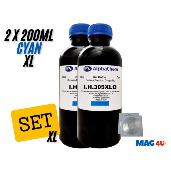 Set Flacon Cerneala AlphaChem Compatibil HP305XL 2x200ml 3YM63AE Cyan cu 2x CDR Maxell