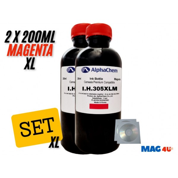 Set Flacon Cerneala AlphaChem Compatibil HP305XL 2x200ml 3YM63AE Magenta cu 2x CDR Maxell