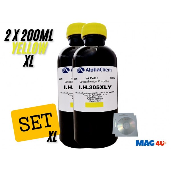 Set Flacon Cerneala AlphaChem Compatibil HP305XL 2x200ml 3YM63AE Galben cu 2x CDR Maxell