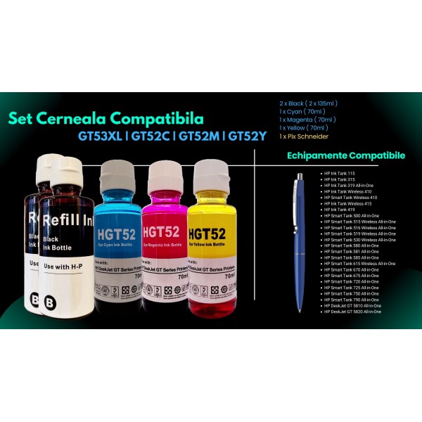 Pachet Flacoane Cerneala compatibila HP 2X GT53XL Black, 1X GT52 Cyan, 1X GT52 Magenta, 1X GT52 Yellow, 36000 pagini, un-box AlphaChem si Pix Schneider