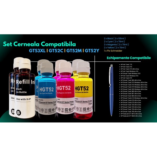 Pachet Flacoane Cerneala compatibila HP 2X GT53XL Black, 1X GT52 Cyan, 1X GT52 Magenta, 1X GT52 Yellow, 60000 pagini, un-box AlphaChem si Pix Schneider