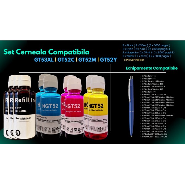 Pachet Flacoane Cerneala compatibila HP 3X GT53XL Black, 2X GT52 Cyan, 2X GT52 Magenta, 2X GT52 Yellow, 66000 pagini, un-box AlphaChem si Pix Schneider