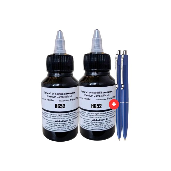 Set Flacon Cerneala AlphaChem Compatibil HP652 2x100ml F6V25AE Negru cu Pix Schneider
