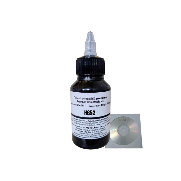 Set Flacon Cerneala AlphaChem Compatibil HP652 1x100ml F6V25AE Negru cu CD-R Maxell