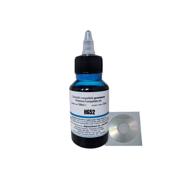 Set Flacon Cerneala AlphaChem Compatibil HP652 1x100ml F6V24AE Cyan cu CD-R Maxell