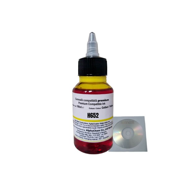Set Flacon Cerneala AlphaChem Compatibil HP652 1x100ml F6V24AE Galben cu CD-R Maxell