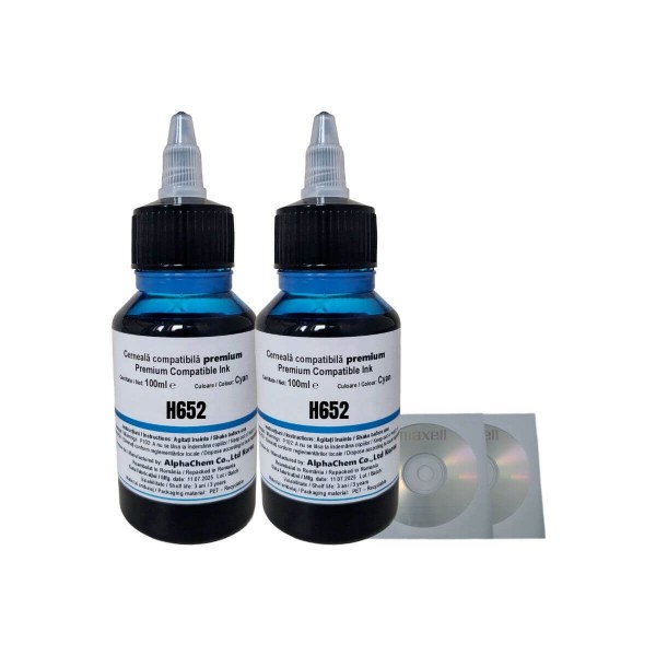 Set Flacon Cerneala AlphaChem Compatibil HP652 2x100ml F6V24AE Cyan cu 2x CD-R Maxell