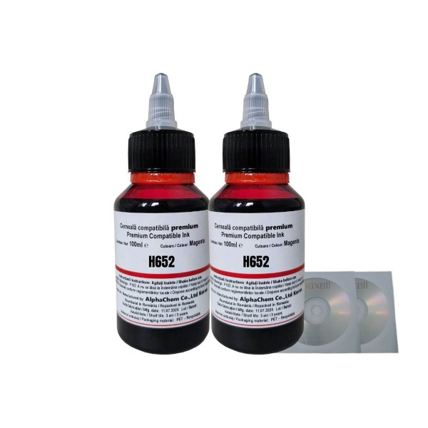Set Flacon Cerneala AlphaChem Compatibil HP652 2x100ml F6V24AE Magenta cu 2x CD-R Maxell