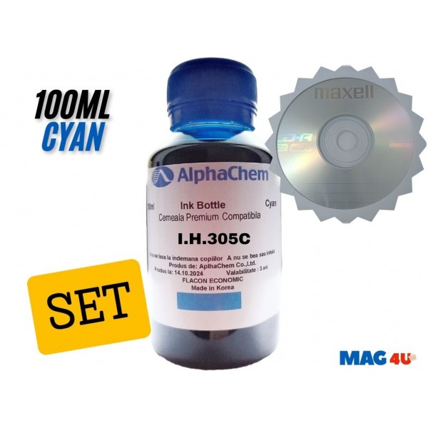 Flacon Cerneala AlphaChem Compatibil HP 305, 1x100ml, 3YM60AE Cyan, 1xCDR Maxell cu plic