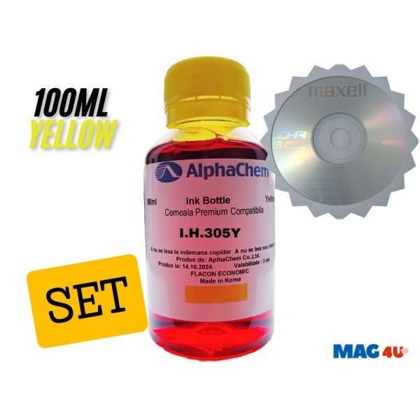 Flacon Cerneala AlphaChem Compatibil HP 305, 1x100ml, 3YM60AE Galben, 1xCDR Maxell cu plic