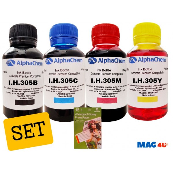 Set 4buc Flacon Cerneala AlphaChem HP 305, 1x100ml, 3YM61AE Negru, 1x100ml, 3YM60AE Cyan, 1x100ml, 3YM60AE Magenta, 1x100ml, 3YM60AE Galben, hartie foto yesion 180g 20coli