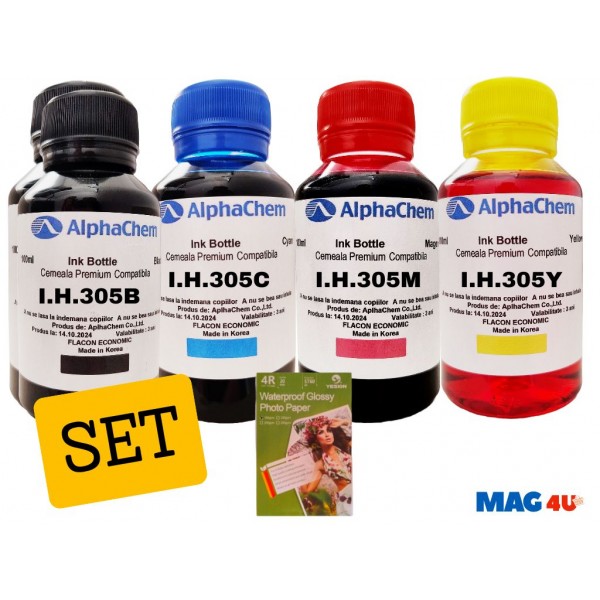 Set 5buc Flacon Cerneala AlphaChem HP 305, 2x100ml, 3YM61AE Negru, 1x100ml, 3YM60AE Cyan, 1x100ml, 3YM60AE Magenta, 1x100ml, 3YM60AE Galben, hartie foto yesion 180g 20coli
