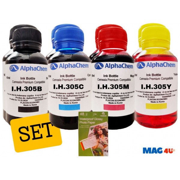 Set 8buc Flacon Cerneala AlphaChem HP 305, 2x100ml, 3YM61AE Negru, 2x100ml, 3YM60AE Cyan, 2x100ml, 3YM60AE Magenta, 2x100ml, 3YM60AE Galben, hartie foto yesion 180g 50coli