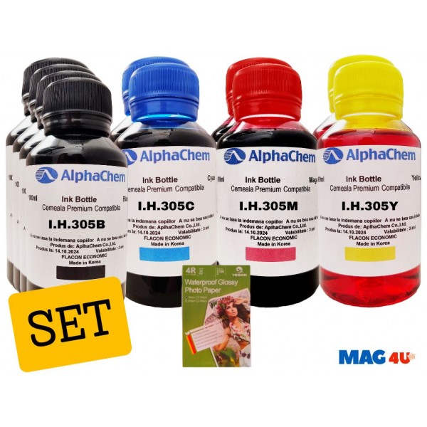 Set 10buc Flacon Cerneala AlphaChem HP 305, 4x100ml, 3YM61AE Negru, 2x100ml, 3YM60AE Cyan, 2x100ml, 3YM60AE Magenta, 2x100ml, 3YM60AE Galben, hartie foto yesion 180g 70coli