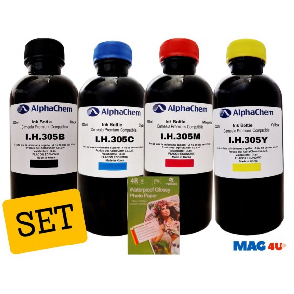 Set 4buc Flacon Cerneala AlphaChem HP 305, 1x200ml, 3YM61AE Negru, 1x200ml, 3YM60AE Cyan, 1x200ml, 3YM60AE Magenta, 1x200ml, 3YM60AE Galben, hartie foto yesion 180g 50coli