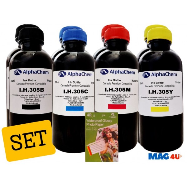 Set 8buc Flacon Cerneala AlphaChem HP 305, 2x200ml, 3YM61AE Negru, 2x200ml, 3YM60AE Cyan, 2x200ml, 3YM60AE Magenta, 2x200ml, 3YM60AE Galben, hartie foto yesion 180g 100coli