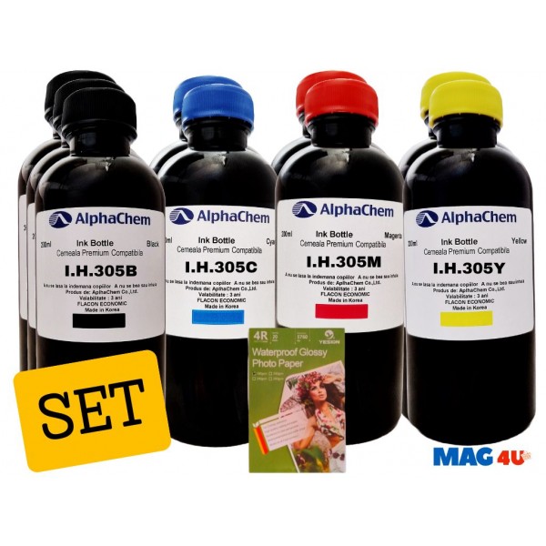 Set 9buc Flacon Cerneala AlphaChem HP 305, 3x200ml, 3YM61AE Negru, 2x200ml, 3YM60AE Cyan, 2x200ml, 3YM60AE Magenta, 2x200ml, 3YM60AE Galben, hartie foto yesion 180g 100coli