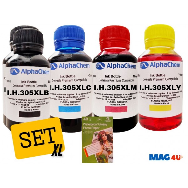 Set 5buc Flacon Cerneala AlphaChem HP 305XL, 2x100ml, 3YM62AE Negru, 1x100ml, 3YM63AE Cyan, 1x100ml, 3YM63AE Magenta, 1x100ml, 3YM63AE Galben, hartie foto yesion 180g 20coli