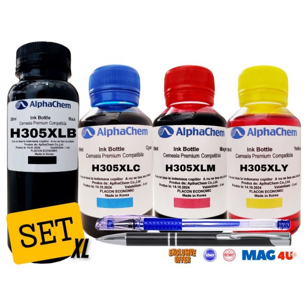 Set Flacon Cerneala AlphaChem Compatibil HP305XL 1x250ml 3YM62AE Negru + 1x100ml 3YM63AE Cyan + 1x100ml 3YM63AE Magenta + 1x100ml 3YM63AE Galben cu Pix CNX201 si Pix CNX226