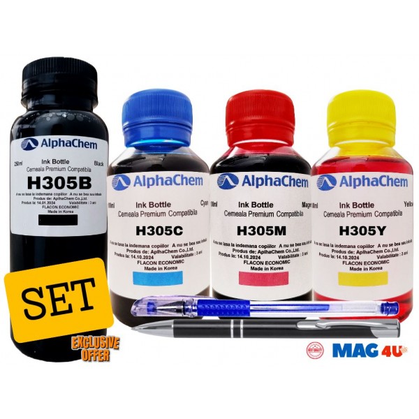 Set Flacon Cerneala AlphaChem Compatibil HP305 1x250ml 3YM61AE Negru + 1x100ml 3YM60AE Cyan + 1x100ml 3YM60AE Magenta + 1x100ml 3YM60AE Galben cu Pix CNX201 si Pix CNX226