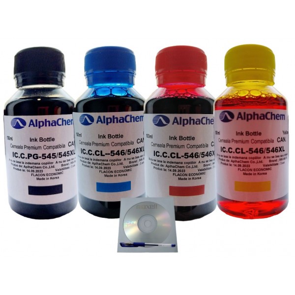 Set Flacon Cerneala AlphaChem Compatibil Canon 1x100ml PG-545XL Negru, 1x100ml CL-546XLC Cyan, 1x100ml CL-546XLM Magenta, 1x100ml CL-546XLY Galben, 4buc Cdr Maxell cu plic