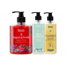 Set Cadou Eleganță Florală – Săpun Lichid Bujori & Frezii 500 ml, Gel de Dus Silk Garden 400 ml, Șampon Anti-Mătreață 400 ml – Parfum Delicat și Răsfăț Complet