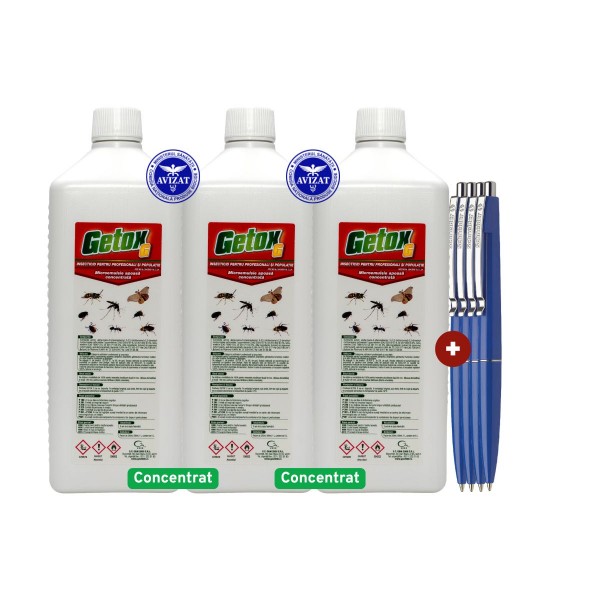 Set GETOX G Concentrat Insecticid de Soc 3x1 Litru + 4xPix Schneider – Solutie Profesionala pentru Gandaci, Furnici, Plosnite, Purici, Muste, Viespi si Molii / Cypermethrin + Tetramethrin