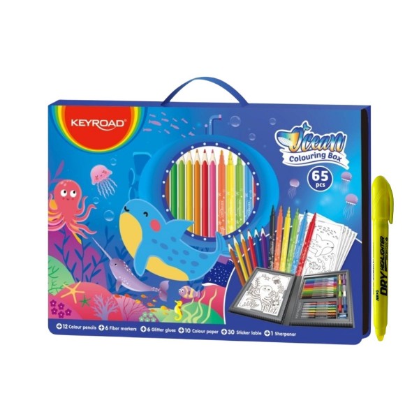 Set Creativ Keyroad Ocean 65 Piese + Textmarker Amos Non-Toxic - 12 Creioane Colorate, 6 Carioci, 6 Lipici cu Sclipici, 30 Stickere, 10 Coli A4 si Ascutitoare