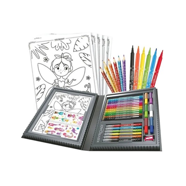 Set Creativ Keyroad Mica Sirena + Textmarker Amos Non-Toxic - 65 Piese, 12 Creioane Colorate, 6 Carioci, 6 Lipici cu Sclipici, Stickere, Coli A4 si Ascutitoare
