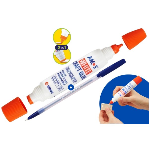 Aracet Amos WCG34, 34 ml / 36 g, 2 Capete Aplicatoare Gros si Subtire - Lipici Lichid Non-Toxic pentru Hartie, Lemn, Textile, Scoala si Hobby + Pix Radius Zanzi
