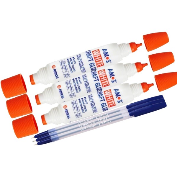 Set Aracet Amos WCG34, 3 x 34 ml / 36 g - Lipici Lichid Non-Toxic cu 2 Capete Aplicatoare pentru Hartie, Lemn, Textile, Scoala și Hobby + 3xPix Radius Zanzi