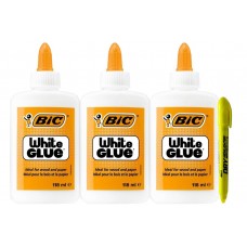 Set 3 x Aracet BIC 118 ml + 1 x Textmarker Amos Non-Toxic – Lipici Lichid Alb Lavabil cu Aplicator Twist pentru Hârtie, Carton, Fotografii și Lemn