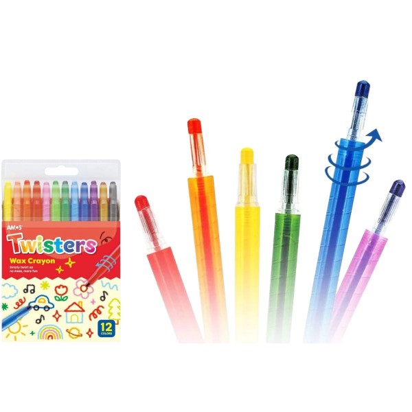Set Creioane Cerate Amos Twister RC12PST, 12 Culori + Pix Schneider - Creioane Cerate Retractabile pentru Desen, Colorat si Activitati Creative