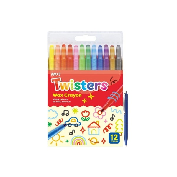 Set Creioane Cerate Amos Twister RC12PST, 12 Culori + Pix Schneider - Creioane Cerate Retractabile pentru Desen, Colorat si Activitati Creative
