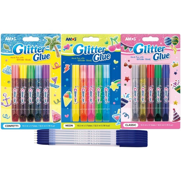 Set 3 x Lipici Lichid cu Sclipici Amos (Classic + Confetti + Neon) 3 x 5 x 10.5 ml + 6 Pixuri Radius Zanzi - 15 Culori Glitter pentru Desen, Decoratiuni si Proiecte Creative