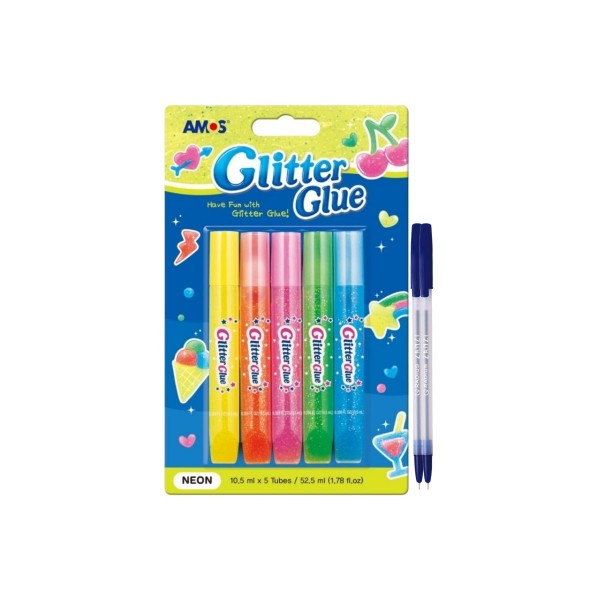 Set Lipici Lichid cu Sclipici Amos Neon 5 x 10.5 ml + 2 Pixuri Radius Zanzi - Culori Neon Glitter pentru Desen, Decoratiuni, Craft si Proiecte Creative