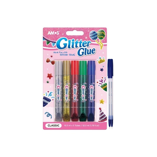 Set Lipici Lichid cu Sclipici Confetti Amos GCL10B5 5 x 10.5 ml + 2 Pixuri Radius Zanzi - Culori Silver, Gold, Red, Green si Blue pentru Desen, Decoratiuni si Proiecte Creative