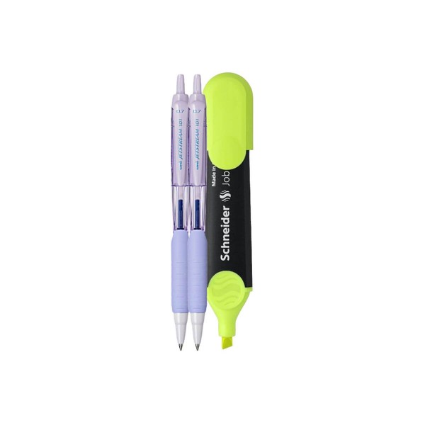 Set 2 Pixuri Jetstream UNI SXN-101FL, 0.7mm, Scriere Albastra, Grip Confortabil, Mecanism Retractabil, Corp Lavender si Textmarker Schneider