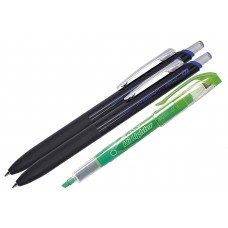 Set Premium - 2 Pixuri Penac X-Beam cu grip, mecanism retractabil– Negru, Scriere Albastra, Textmarker Penac