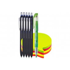 Set Premium 5 Pixuri Penac X-Beam cu grip, mecanism retractabil– Negru, Scriere Albastra, Textmarker Penac si Notes 5culori