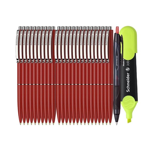 Set Premium - 25 Pixuri Schneider cu mecanism retractabil - Roșu, Scriere Albastra, Pix Jetstream si Textmarker Schneider