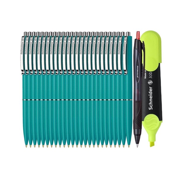 Set Premium - 25 Pixuri Schneider cu mecanism retractabil - Verde, Scriere Albastra, Pix Jetstream si Textmarker Schneider