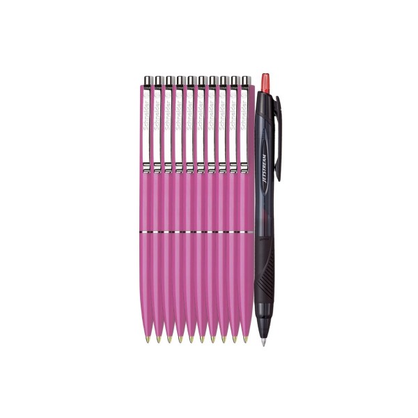 Set Premium - 10 Pixuri Schneider cu mecanism retractabil - Roz, Scriere Albastra și Pix Jetstream