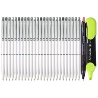 Set Premium - 25 Pixuri Schneider cu mecanism retractabil - Alb, Scriere Albastra, Pix Jetstream si Textmarker Schneider