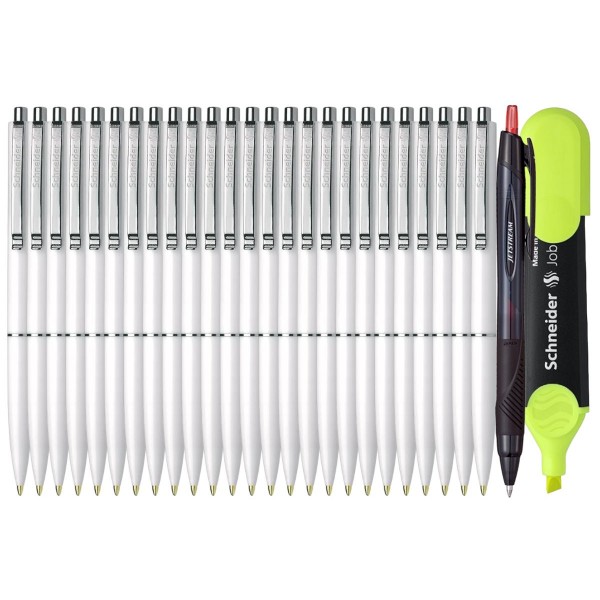 Set Premium - 25 Pixuri Schneider cu mecanism retractabil - Alb, Scriere Albastra, Pix Jetstream si Textmarker Schneider
