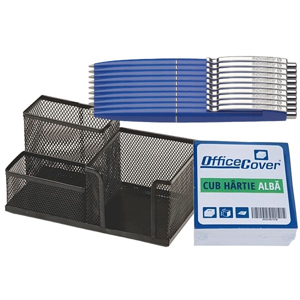 Set Office Premium - 10 Pixuri Schneider cu mecanism retractabil - Albastru, Scriere Albastra - Suport metalic Negru si Cub alb