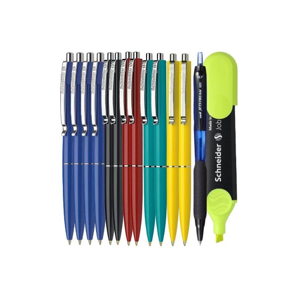 Set Office Premium - 12 Pixuri Schneider cu mecanism retractabil, Scriere Albastra - Pix Jestream si Textmarker Schneider